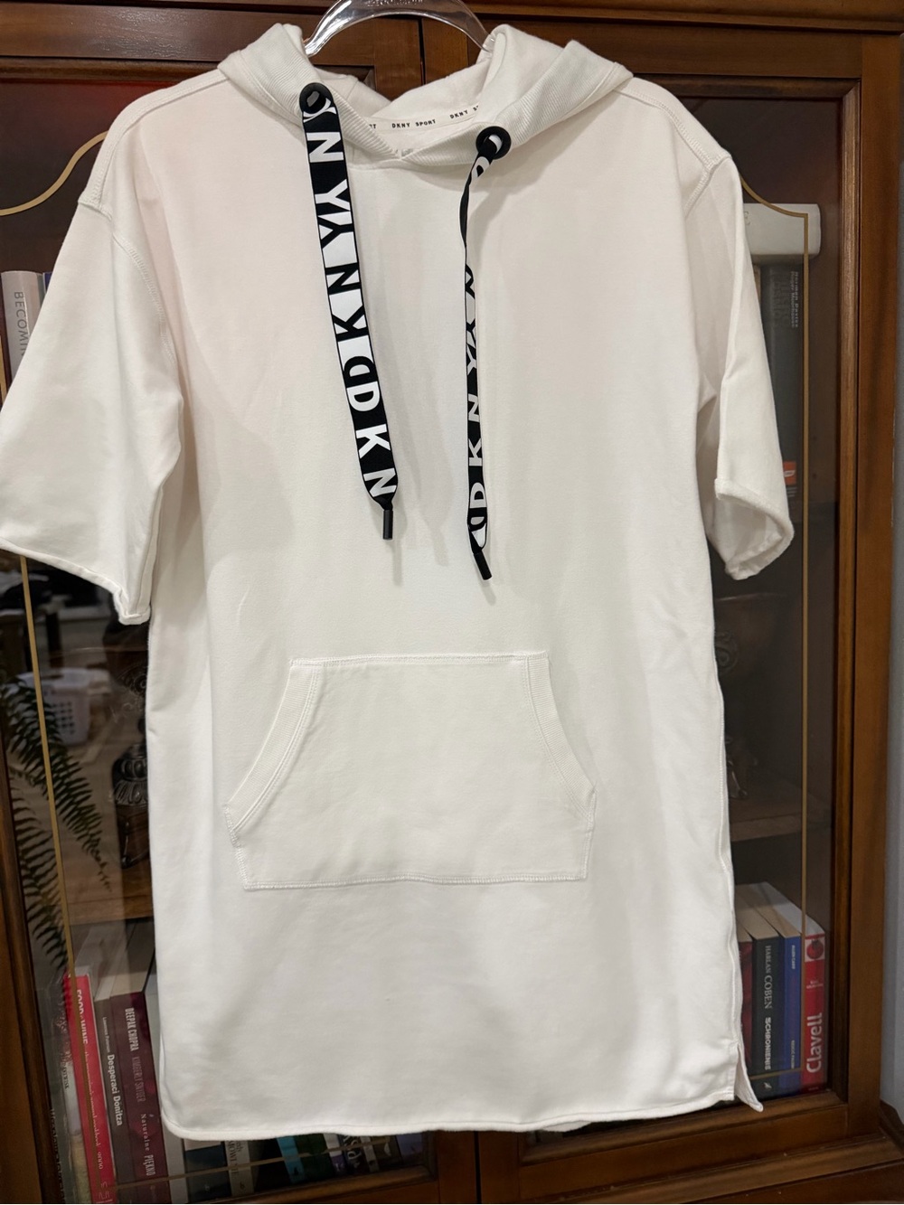 Women's Short-Sleeve White Hoodie with Branded Black Drawcords